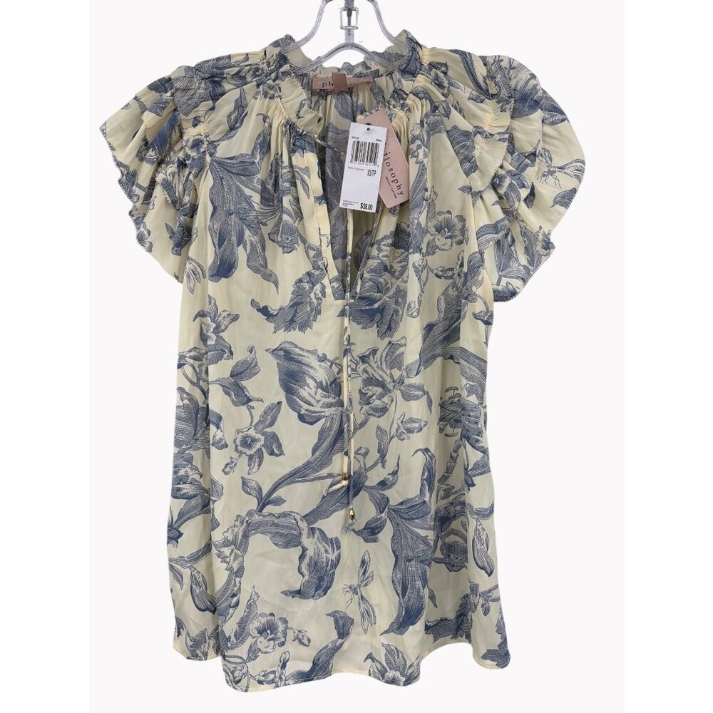 Philosophy Republic Clothing Size XS Floral Ruffle Sleeve Blouse Ivory Blue New
